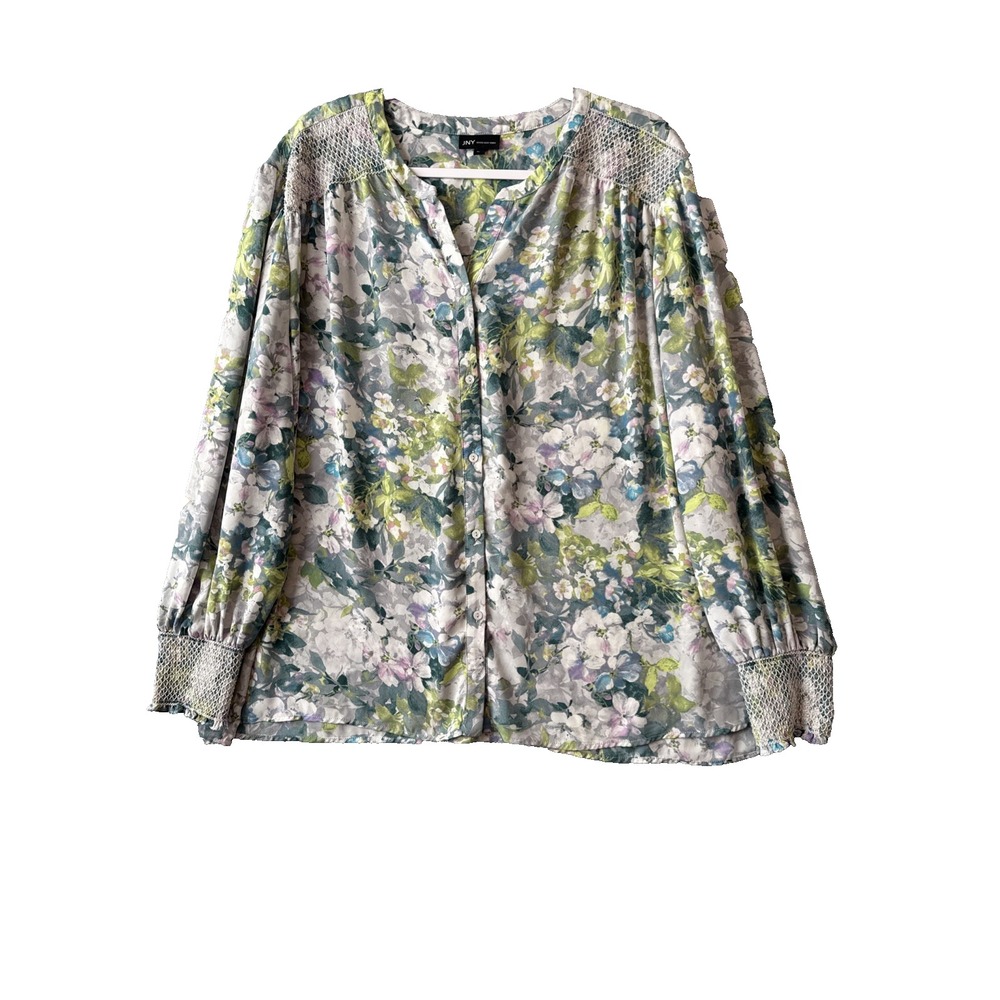 JNY Jones NY 3X Blouse Floral Crochet Yoke Smocked Cuff Cottagecore Boho Career